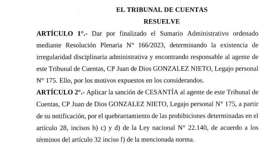 SUMARIO ADMINISTRATIVO. El Tribunal de Cuentas cesanteó al empleado que era proveedor del Estado provincial